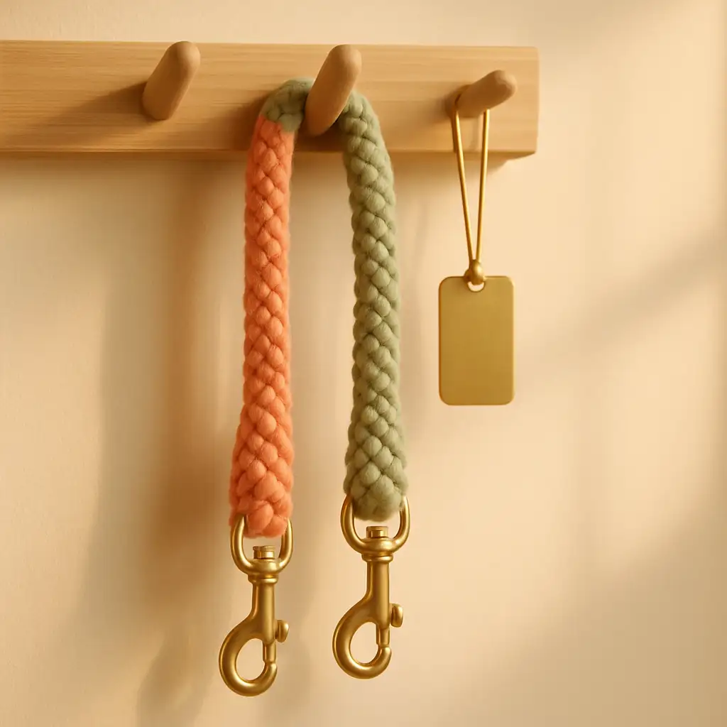 Two woven dog leads, one coral and one sage green, hanging on a pale oak peg rail
