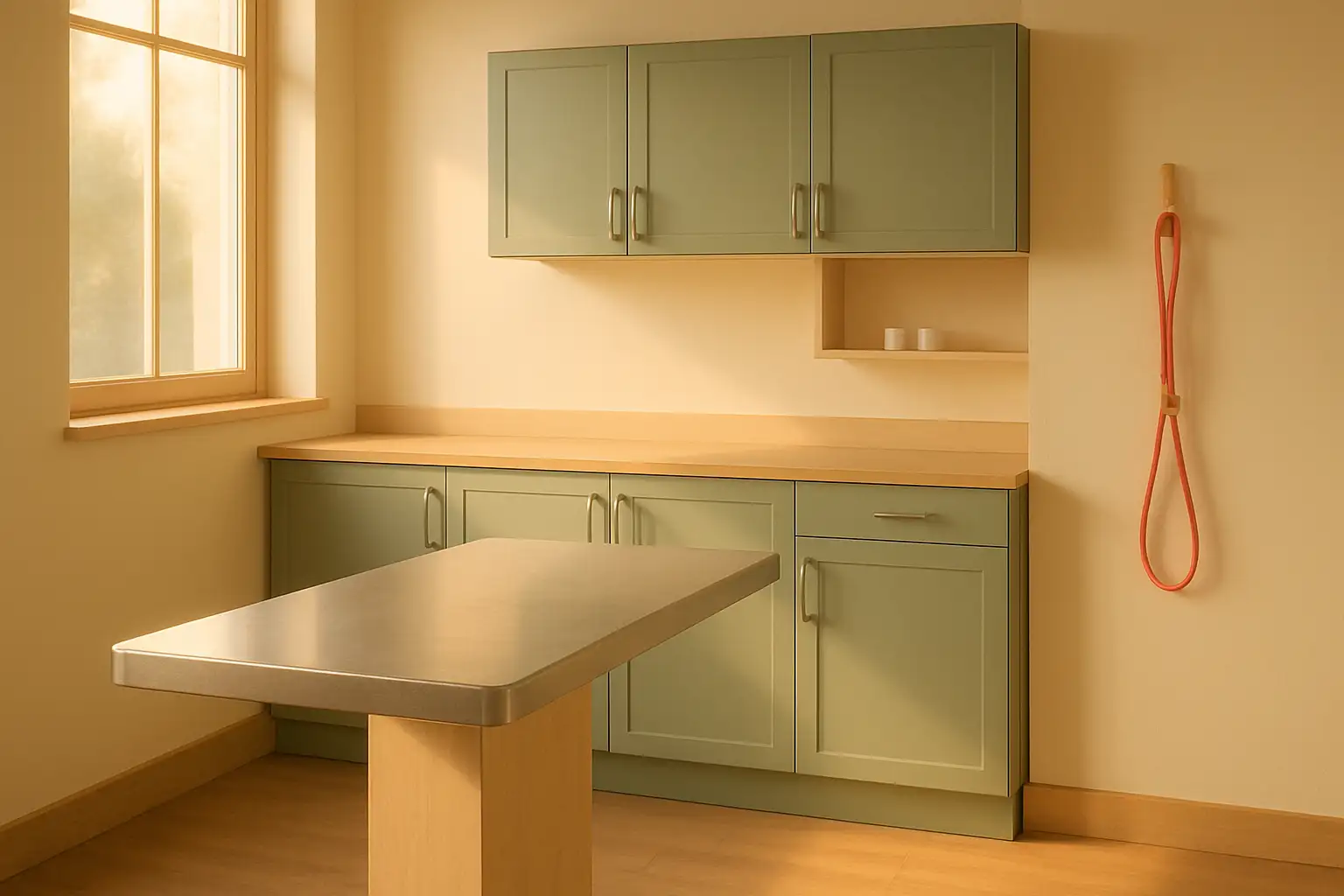 An empty veterinary consultation room with sage-green cabinetry and a stainless-steel examination table