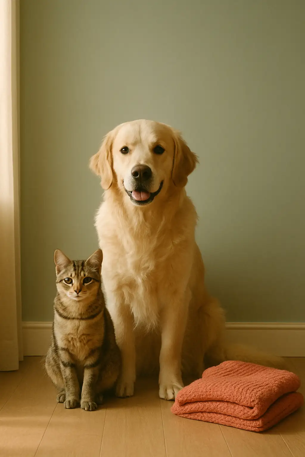 A golden retriever and a tabby cat sitting side by side against a soft sage-green wall